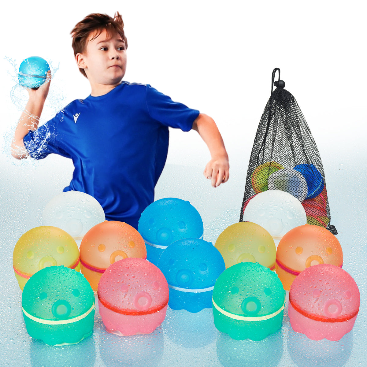 Hiliop Reusable Water Balloons for Kids, Splash Refillable Water Balloons Bombs Self Sealing Quick Fill Magnetic with Mesh Bag-Octopus 8/12/16/32/48 pcs