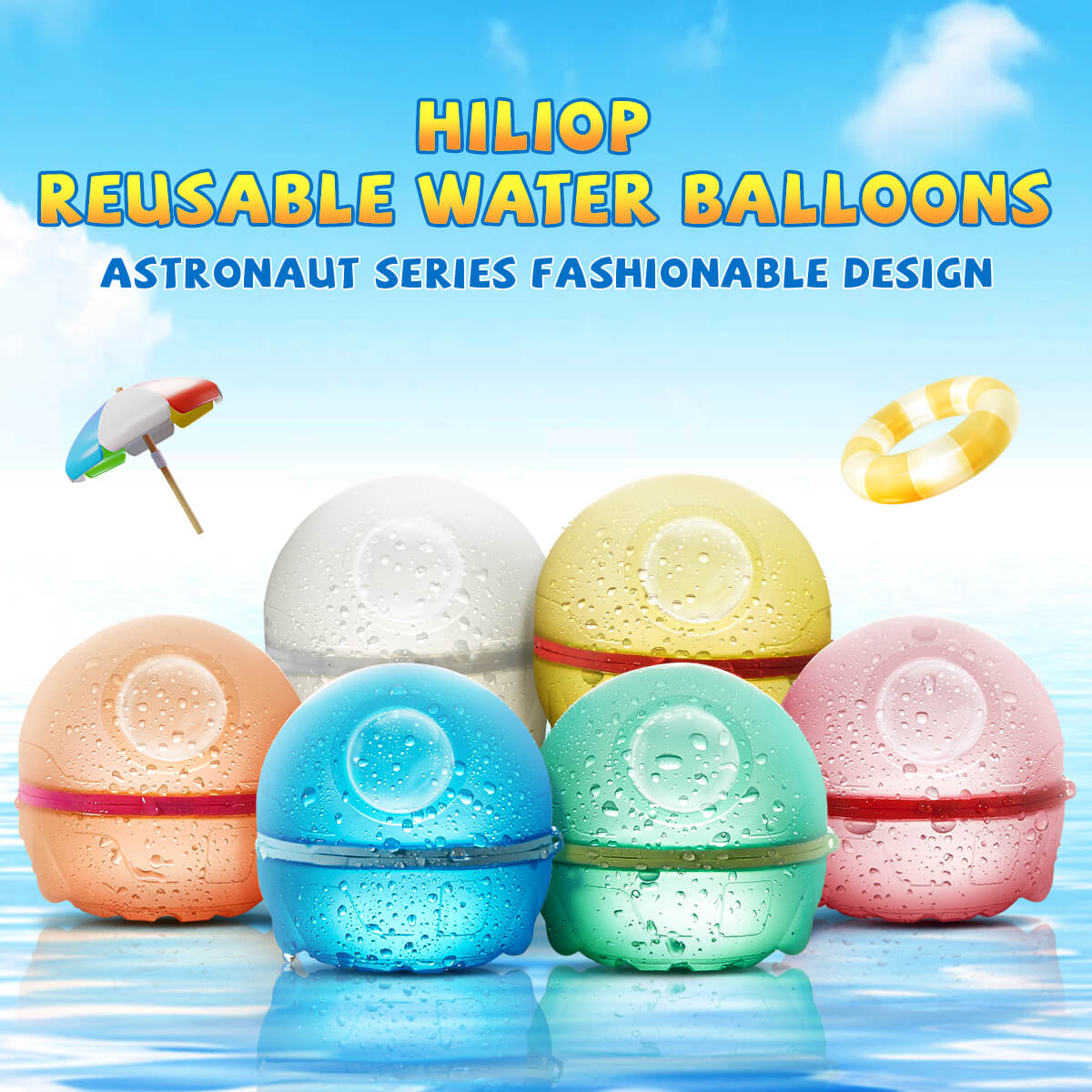 Hiliop Reusable Water Balloons Refillable Magnetic Water Balloons Self Sealing Quick Fill with Mesh Bag-Astronaut Series 8/12/16/32/48 pcs